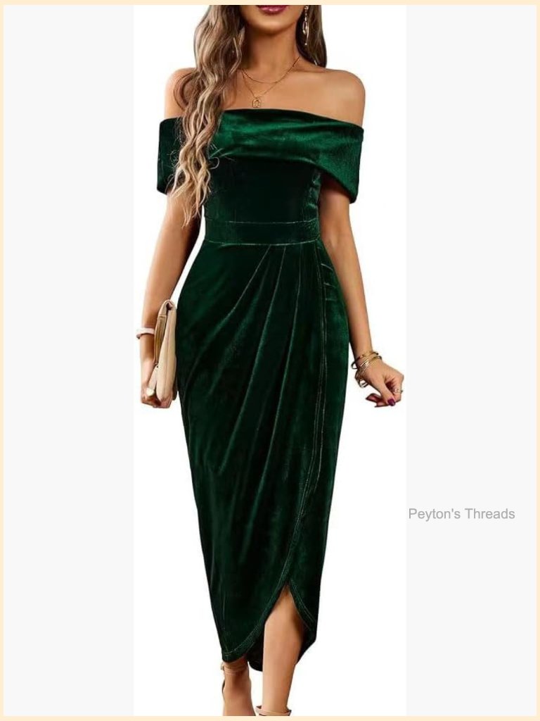 Off Shoulder Velvet Wrap Slit Midi Dress Long Sleeve Bodycon Party
